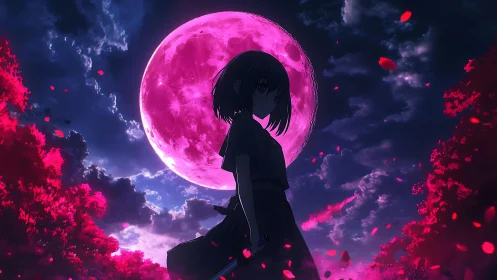 Moonlit blade girl beneath neon crimson twilight sky.