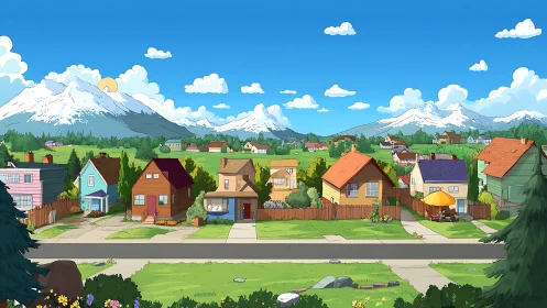 Suburban cul-de-sac with snowcapped mountain panorama backdrop