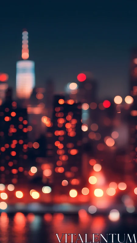 Defocused city skyline with neon bokeh lights at night