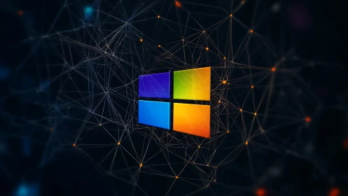 Multicolor window logo within abstract digital network mesh.