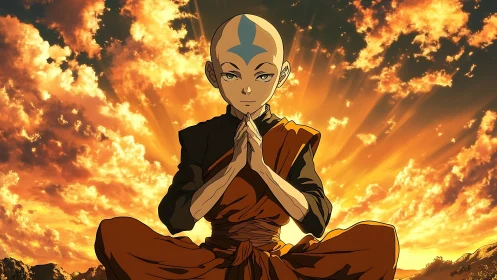 Shaved-headed robed figure meditating against vivid sunset sky.