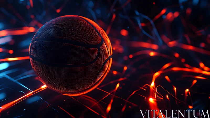 Neon basketball sphere glows amid dynamic cyber light grid.