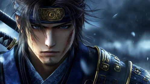 Battle-worn samurai warrior close-up in stormlit blue armor.