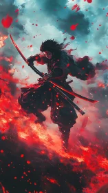 Lone samurai carves through crimson fire in stormy sky.