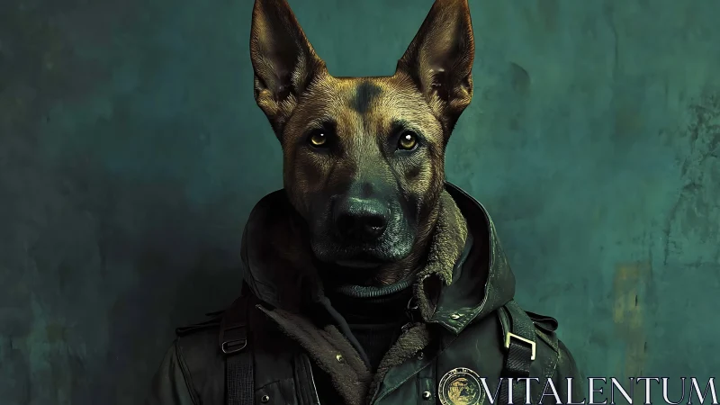 Tactical canine portrait in paramilitary jacket, teal backdrop.