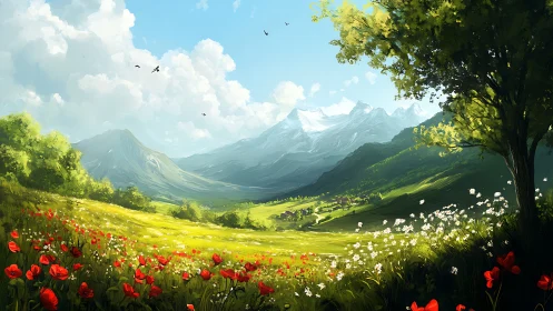 Mountain valley landscape with wildflower meadow and trees.