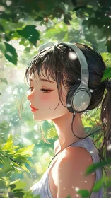 Side-profile anime girl with headphones in diffuse forest backlight