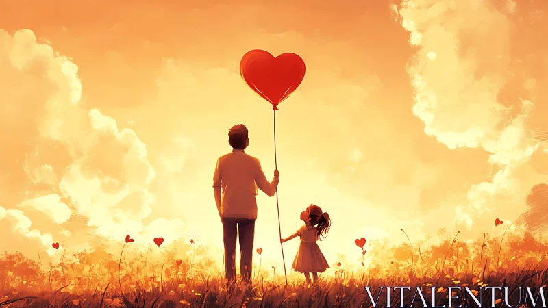 Two Figures Holding Red Heart Balloon in Golden Field.
