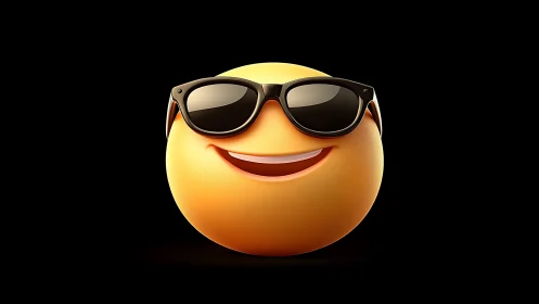 Yellow spherical emoji with sunglasses on black background.