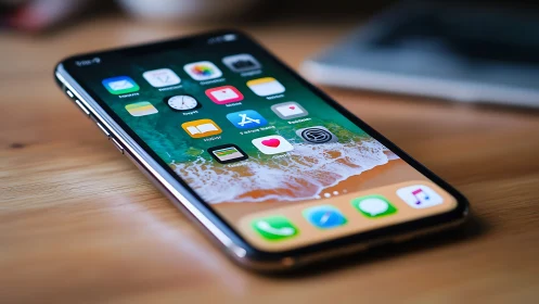 iPhone Home Screen Display on Wooden Desk Surface.