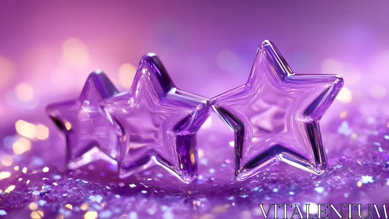 Triad of refractive violet glass stars on glittered bokeh field.