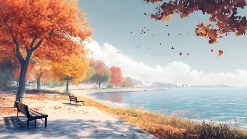 Lakeside promenade under vivid autumn foliage at sunrise.