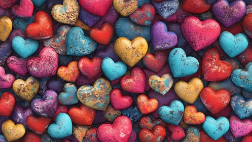 Multicolored textured heart shapes arranged in dense composition