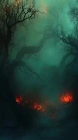 Haunted forest looms over smoldering embers in dense fog.