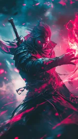 Stormlit arcane warrior wrapped in neon fire and shadow.