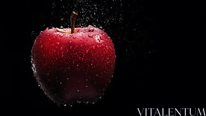 High-contrast macro of red apple with water droplets suspended