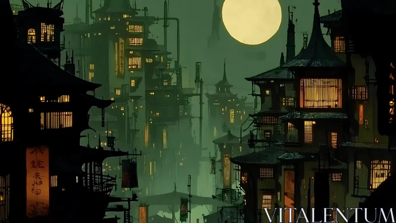 Dense vertical cityscape is shown under a large full moon