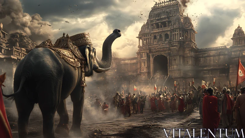 Royal war elephant approaches ancient fortress gate in smoke.