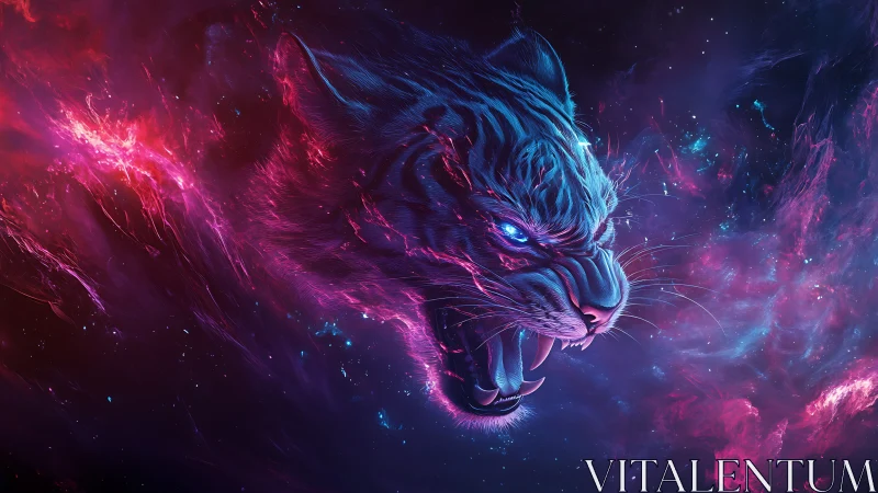 Neon blue tiger head rendered in cosmic vapor field.