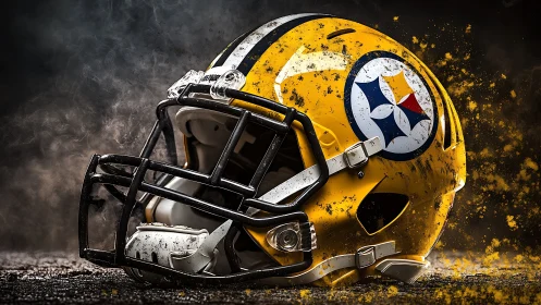 Yellow American football helmet lies on gritty dark ground