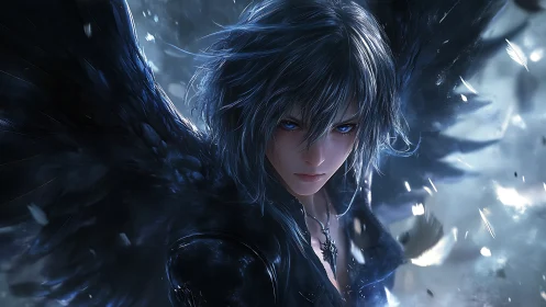 Storm-eyed dark angel poised between shadow and light.