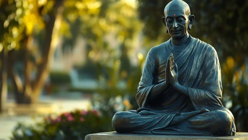 Peaceful monk statue welcomes quiet moments of reflection
