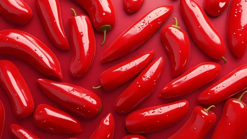 Glossy red chili peppers arranged on uniform red background.