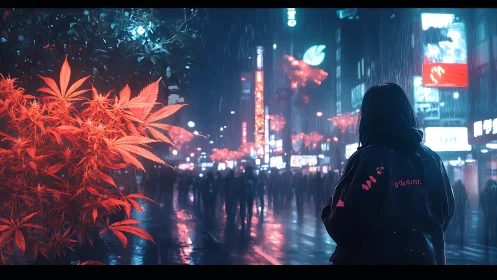 Neon-lit urban rain scene contrasts red foliage and lone figure.