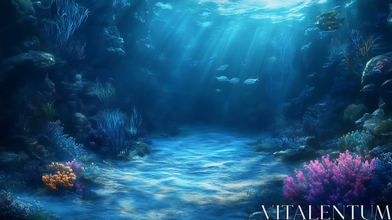 Sunlit coral garden welcomes gentle fish in a calm blue sea