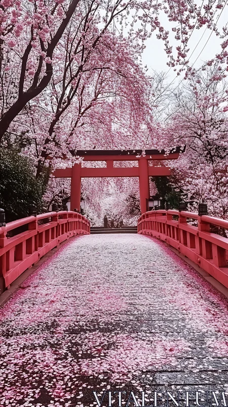 Red bridge and torii under dense cherry blossoms in spring.