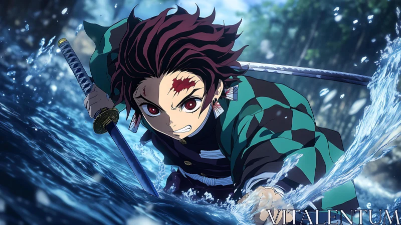 Anime swordsman charging through river with water arc.