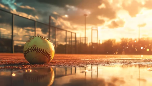 Softball on wet infield dirt under warm sunset light.