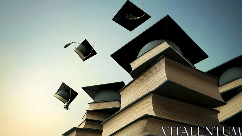 Graduation caps soaring above stacked books in a realistic style.