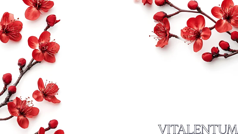 Vibrant Red Blossoms on Branches Against White Background with Depth.