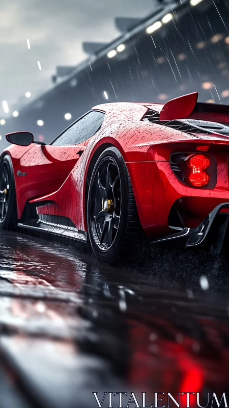 Red supercar on wet racetrack in heavy rain at night.