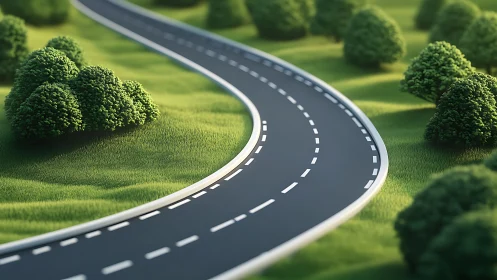 Curving asphalt road through manicured trees and grassland.