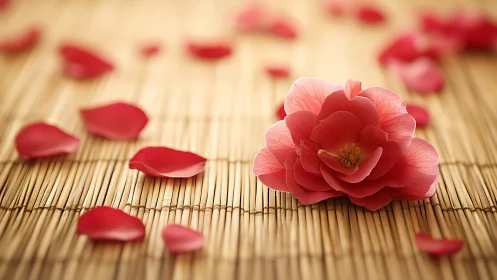 Macro study of pink camellia on bamboo mat with shallow focus