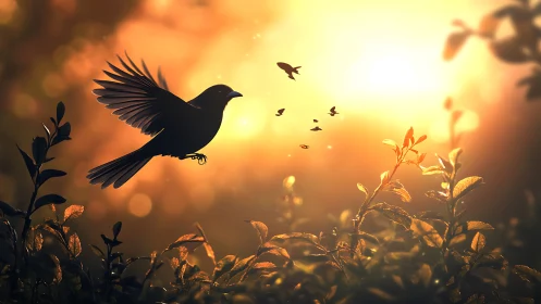 Silhouette of a Bird in Flight at Sunset with Glowing Foliage.