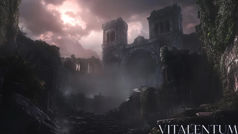 Misty ivy-covered ruins under a moody rose-tinted sky.