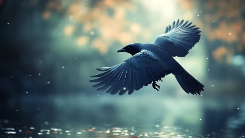 Majestic black crow in flight over water, dreamy soft focus style.