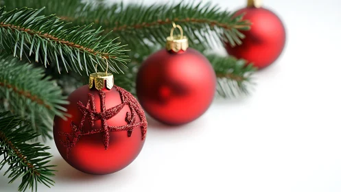 Red matte baubles on evergreen branch with soft bokeh focus.