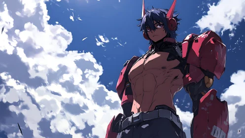 Armored anime warrior dominates low-angle skyward composition