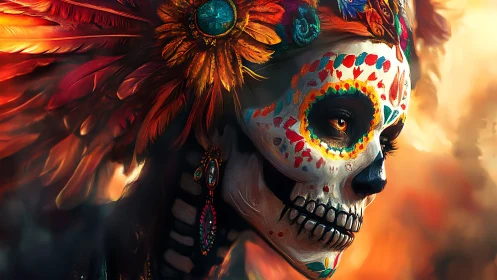 Calavera face with feathered headdress in profile view.