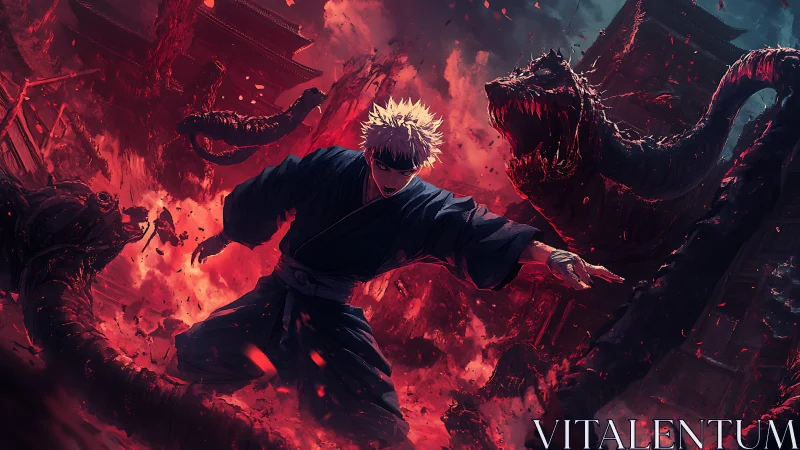 Fearless anime warrior stands strong amid crimson chaos.