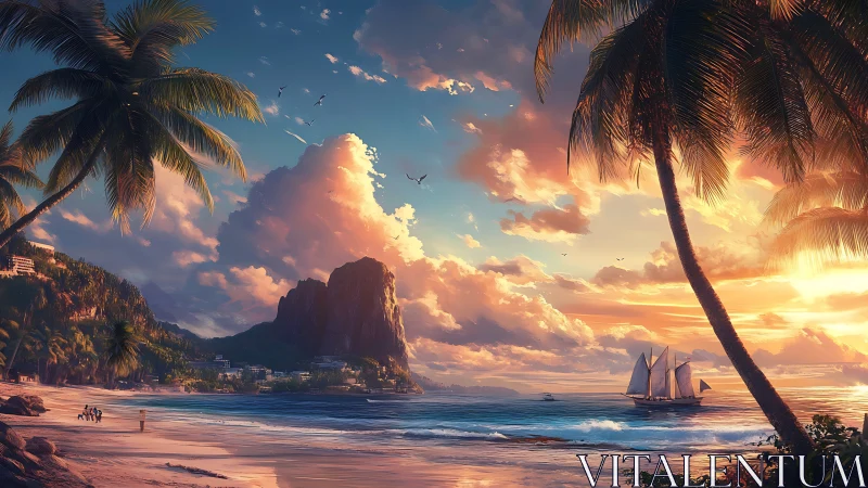 Tropical Beach Sunset with Sailing Ship and Island Cliffs