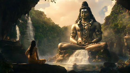 Digital render shows large meditative statue in waterfall valley