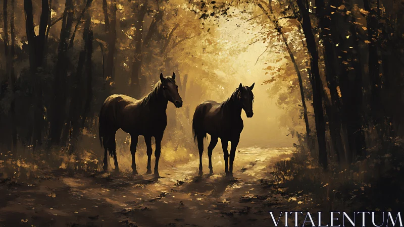 Two horses stand in golden forest light at tranquil dawn
