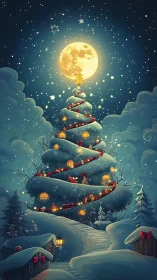 Moonlit Christmas tree village spirals through snowy starlight.