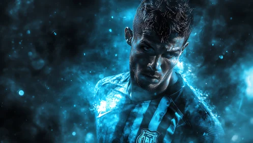 Electric blue footballer emerges from swirling energy field.