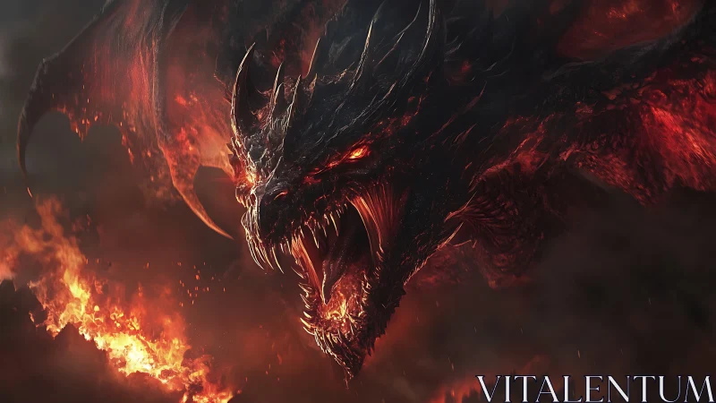 Volcanic draconic predator in high-energy combustion storm.